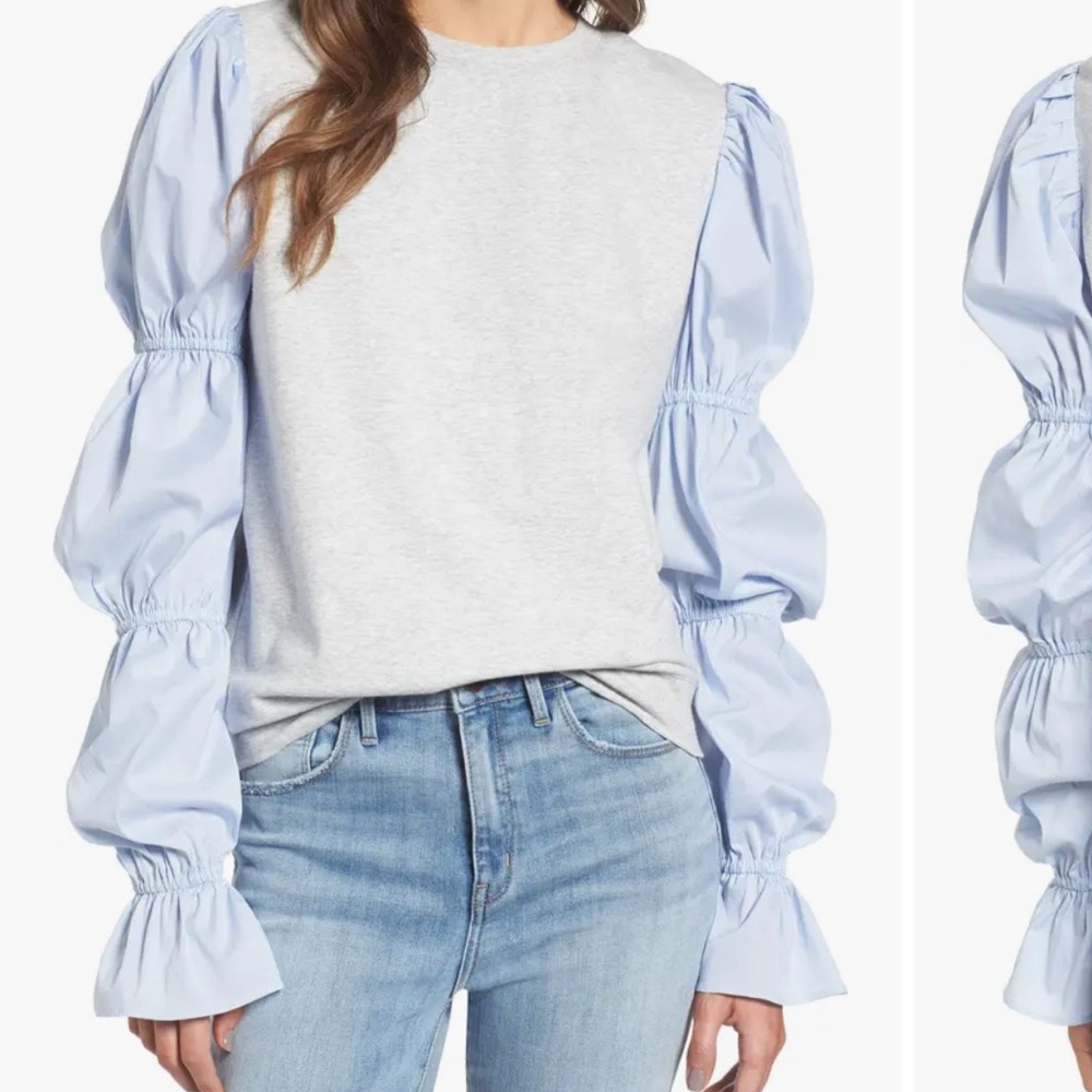 Treasure & Bond Gray Sweater with Blue Puff Sleeves